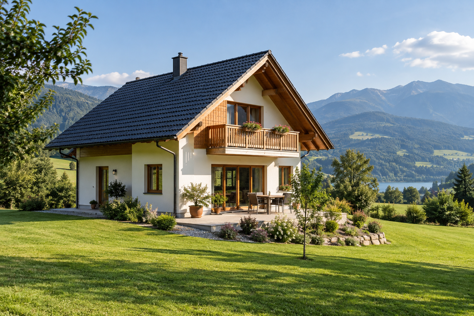 Vollständig sichtbares Haus mit Garten vor Hügeln und einem See