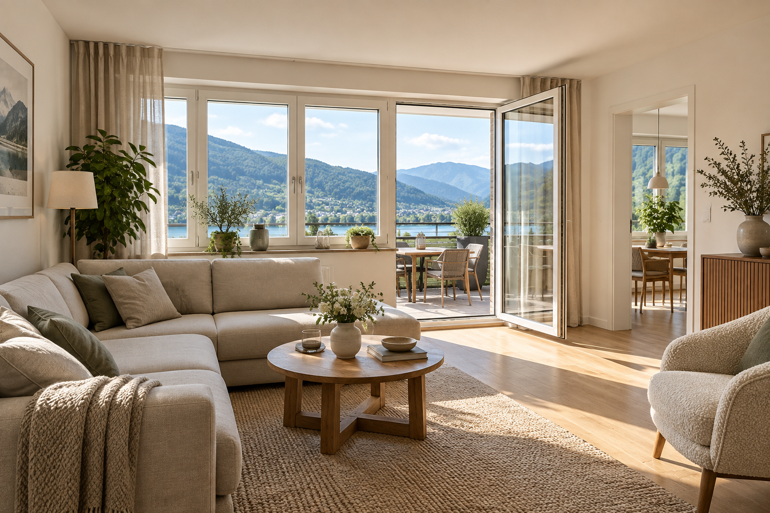 Heller Wohnraum mit Balkon und Blick auf Wasser und Berge